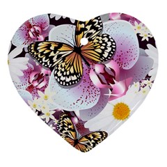 Butterflies With White And Purple Flowers  Heart Ornament (Two Sides)