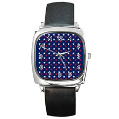 Patriotic Red White Blue Stars Blue Background Square Metal Watch by Celenk