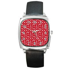 Red Christmas Pattern Square Metal Watch by patternstudio