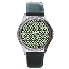 Green Ornate Christmas Pattern Round Metal Watch by patternstudio