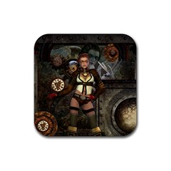 Steampunk, Steampunk Women With Clocks And Gears Rubber Coaster (square) 