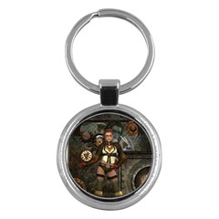 Steampunk, Steampunk Women With Clocks And Gears Key Chains (round)  by FantasyWorld7