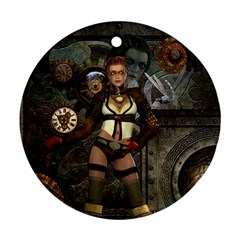 Steampunk, Steampunk Women With Clocks And Gears Round Ornament (two Sides) by FantasyWorld7