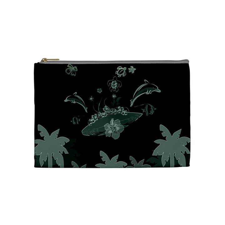 Surfboard With Dolphin, Flowers, Palm And Turtle Cosmetic Bag (Medium) 