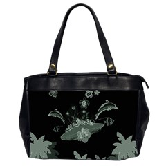 Surfboard With Dolphin, Flowers, Palm And Turtle Office Handbags (2 Sides)  by FantasyWorld7