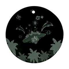 Surfboard With Dolphin, Flowers, Palm And Turtle Ornament (round) by FantasyWorld7