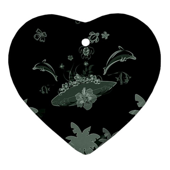 Surfboard With Dolphin, Flowers, Palm And Turtle Ornament (Heart)