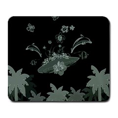 Surfboard With Dolphin, Flowers, Palm And Turtle Large Mousepads by FantasyWorld7