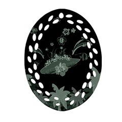 Surfboard With Dolphin, Flowers, Palm And Turtle Ornament (oval Filigree) by FantasyWorld7