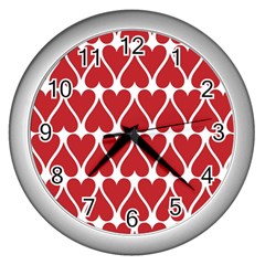 Hearts Pattern Seamless Red Love Wall Clocks (Silver) 