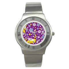 Floral Flowers Wallpaper Paper Stainless Steel Watch