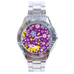 Floral Flowers Wallpaper Paper Stainless Steel Analogue Watch