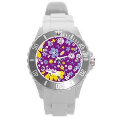 Floral Flowers Wallpaper Paper Round Plastic Sport Watch (L)