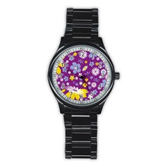 Floral Flowers Wallpaper Paper Stainless Steel Round Watch