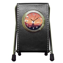 Design Art Hill Hut Landscape Pen Holder Desk Clocks by Celenk