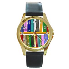 Shelf Books Library Reading Round Gold Metal Watch by Celenk