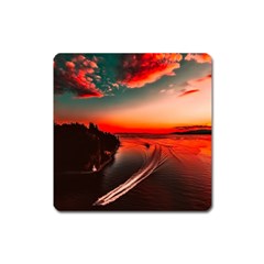 Sunset Dusk Boat Sea Ocean Water Square Magnet by BangZart