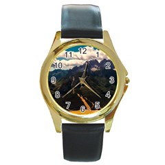 Italy Valley Canyon Mountains Sky Round Gold Metal Watch by BangZart