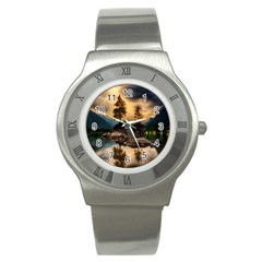 Sunset Dusk Sky Clouds Lightning Stainless Steel Watch by BangZart