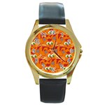 Animals Pet Cats Mammal Cartoon Round Gold Metal Watch Front