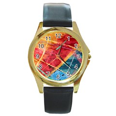 Painting Watercolor Wax Stains Red Round Gold Metal Watch by BangZart