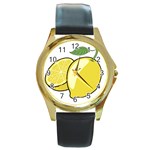 Lemon Fruit Green Yellow Citrus Round Gold Metal Watch Front