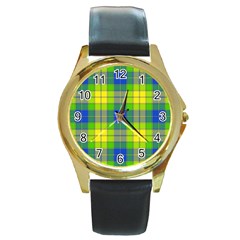 Spring Plaid Yellow Blue And Green Round Gold Metal Watch by BangZart