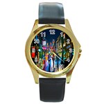 Abstract Vibrant Colour Cityscape Round Gold Metal Watch Front