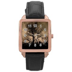 Tree Bushes Black Nature Landscape Rose Gold Leather Watch 