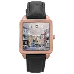 Venice Small Town Watercolor Rose Gold Leather Watch  by BangZart