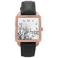Snow Winter Cold Landscape Fence Rose Gold Leather Watch 