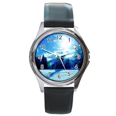 Ski Holidays Landscape Blue Round Metal Watch by BangZart