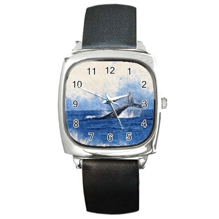 Whale Watercolor Sea Square Metal Watch