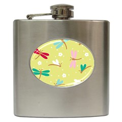 Colorful Dragonflies And White Flowers Pattern Hip Flask (6 Oz) by Bigfootshirtshop