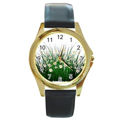 Spring Flowers Grass Meadow Plant Round Gold Metal Watch by Celenk