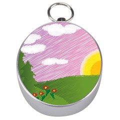 Pine Trees Sunrise Sunset Silver Compasses by Celenk