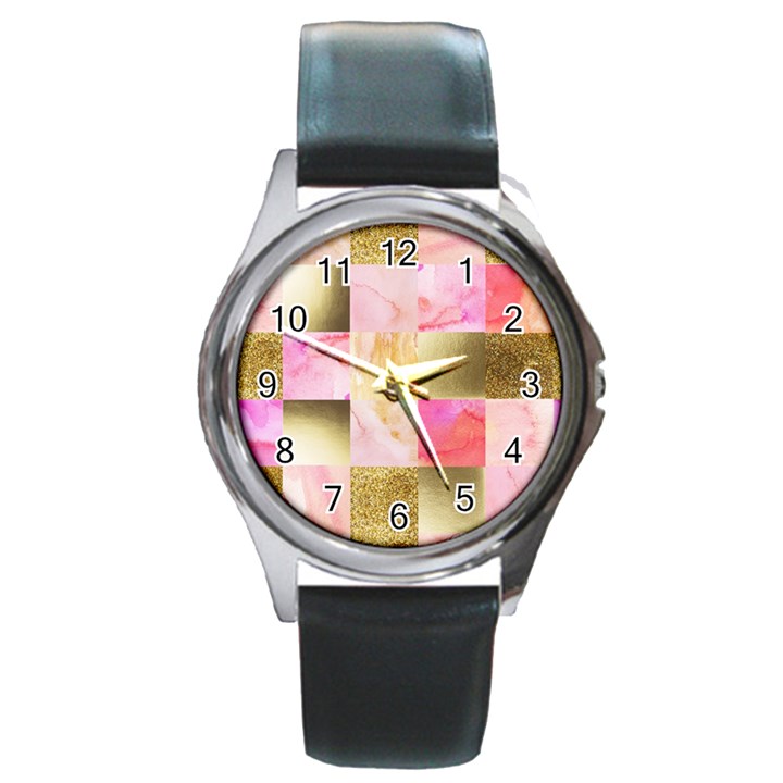 collage gold and pink Round Metal Watch