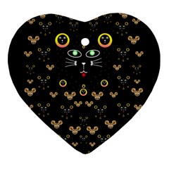 Merry Black Cat In The Night And A Mouse Involved Pop Art Heart Ornament (two Sides) by pepitasart