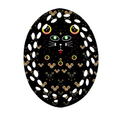 Merry Black Cat In The Night And A Mouse Involved Pop Art Ornament (oval Filigree) by pepitasart