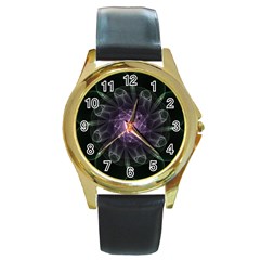 Mandala Fractal Light Light Fractal Round Gold Metal Watch by Celenk