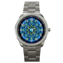 Mandala Blue Abstract Circle Sport Metal Watch by Celenk