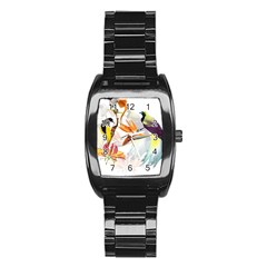 Exotic Birds Of Paradise And Flowers Watercolor Stainless Steel Barrel Watch by TKKdesignsCo