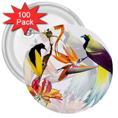 Exotic Birds Of Paradise And Flowers Watercolor 3  Buttons (100 Pack) 