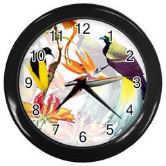 Exotic Birds Of Paradise And Flowers Watercolor Wall Clocks (black) by TKKdesignsCo