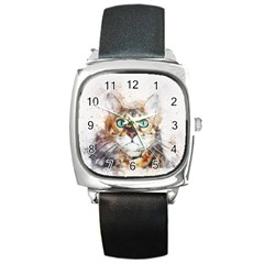 Cat Animal Art Abstract Watercolor Square Metal Watch by Celenk