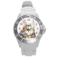 Cat Animal Art Abstract Watercolor Round Plastic Sport Watch (l) by Celenk