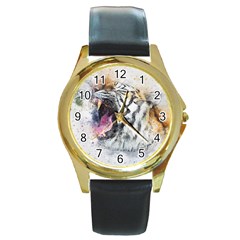 Tiger Roar Animal Art Abstract Round Gold Metal Watch by Celenk