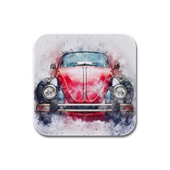 Red Car Old Car Art Abstract Rubber Square Coaster (4 Pack) 