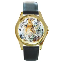 Tiger Animal Art Abstract Round Gold Metal Watch by Celenk