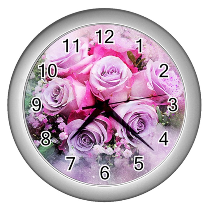 Flowers Roses Bouquet Art Abstract Wall Clocks (Silver) 